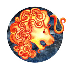 Leo. Zodiac sign according to the horoscope. The watercolor is hand-drawn. Artistic, color illustration. On a round dark blue background. For astrological forecasts, calendars, printed products.