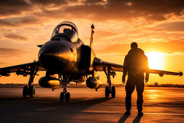 sunset backlit view of military fighter jet pilot beside parked military airforce plane - obrazy, fototapety, plakaty