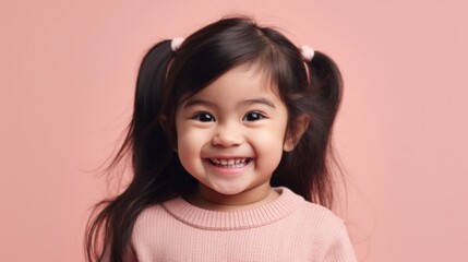 Portrait of a joyful little girl in neutral clothing in a studio. Generative AI
