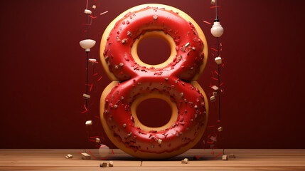 8 number donuts red background 3d number