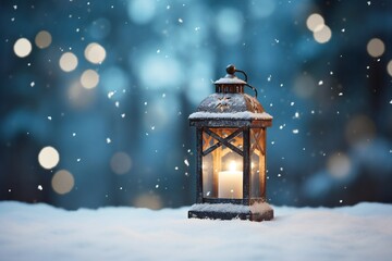 Christmas lantern in the snow, empty copy space Generative AI