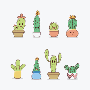 Cute succulent plants or cacti with happy faces vector illustration set.