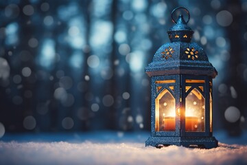 Fototapeta premium Christmas lantern in the snow, empty copy space Generative AI