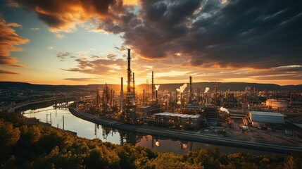 Industrial view of oil refinery factory with sunset