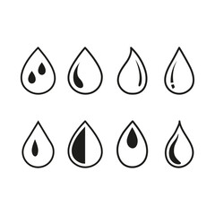 Vector illustration. Black drop of water on a white isolated background. Water drop flat icon. A collection of sixteen figures. Suitable for logos, badges, textile design and more.