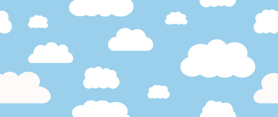 Vector flat illustration. White clouds set isolated on blue background. Perfect for cover, wallpaper and textile design.