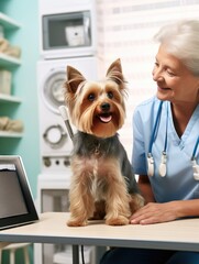 During an appointment at a veterinary clinic, a Yorkshire terrier and its owners talk to a doctor