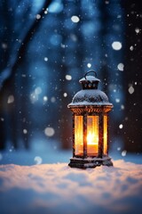 Christmas lantern in the snow, empty copy space Generative AI
