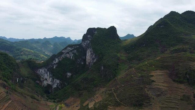 Close to Khe Lia Panorama in Vietnam, stunning aerial parallax footage of mountain range
