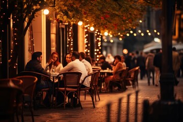People have dinner in a street restaurant. Evening cafe with a warm garlands. AI generative - 646748850