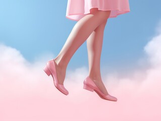 Woman's legs in pink heels are suspended above the ground, high in the clouds.