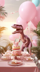 A cheerful pink dinosaur stands in front of a birthday cake, celebrating its birthday on the beach amidst balloons. A tropical celebration.