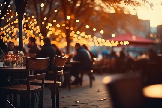 People Have Dinner In A Street Restaurant. Evening Cafe With A Warm Garlands. AI Generative