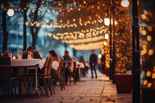 People Have Dinner In A Street Restaurant. Evening Cafe With A Warm Garlands. AI Generative