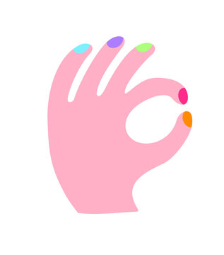 Simple Vector Illustration with Hand in the OK Gesture. Pink Human Palm with Colorful Nails isolated on a White Background. Funny Infantile Style Print with Okey Sign ideal for Poster, Wall Art, Card.