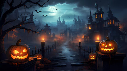 Fototapeta na wymiar Halloween Background with Pumpkins In The Spooky Night
