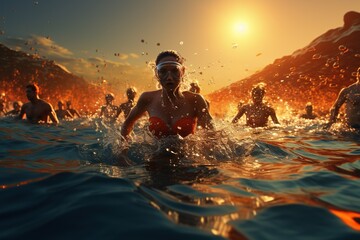 Practice Swim: Swimmers treading water as they prepare for their individual races.Generated with AI - obrazy, fototapety, plakaty