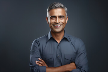 Portrait of smiling mature Indian man looking at camera with crossed arms on gray background