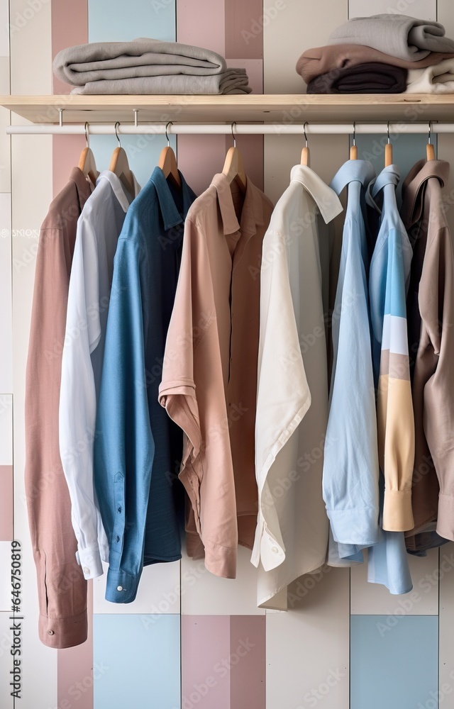 Wall mural Colorful shirts hanging on wooden hangers in wardrobe, closeup