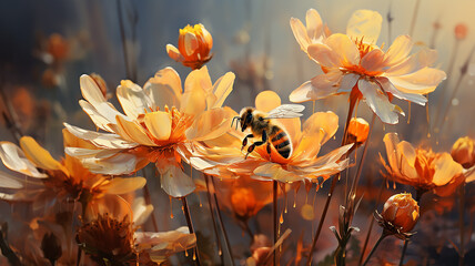 bees pollinate flowers in the morning fog of the last days of summer, landscape, silence and beauty of wildlife in early autumn - obrazy, fototapety, plakaty