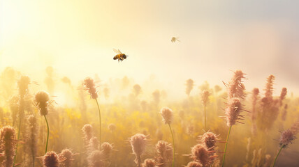 bees pollinate flowers in the morning fog of the last days of summer, landscape, silence and beauty of wildlife in early autumn