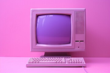 Retro computer with purple screen on pink background.