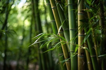 Obraz premium bamboo forest with green leaves and blurred background, shallow depth of field