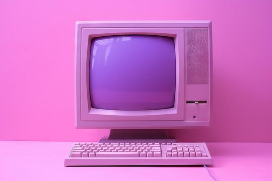 Retro Computer With Purple Screen On Pink Background.