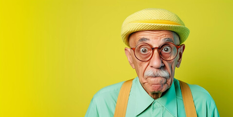 Headshot portrait of quirky elderly man with eccentric style wearing suspenders, colorful background