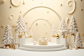 Obraz premium Luxury white Merry Christmas product display podium with pine trees and decorations Generative AI