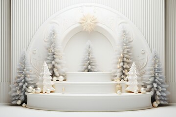 Luxury white Merry Christmas product display podium with pine trees and decorations Generative AI