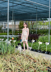 Girl 9 years old with shih-tzu dog chooses plants in greenhouses on a sunny day.The child chooses plants grown on an organic non-gmo farm.