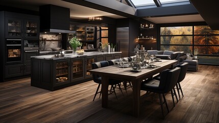 Fototapeta na wymiar Luxurious kitchen with brown wooden floors, black wooden cupboards and stainless steel kitchen appliances