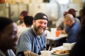 positive homeless man with a smile, a homeless cafe