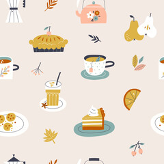 Cute autumn mood pattern. Fall seasonal bakery and drinks. Coffee, tea, pumpkin pie, cake, leaves. - 646751645