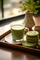 An emerald green matcha latte sits on a wooden tray with a small dish of matcha cookies