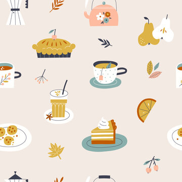 Cute autumn mood pattern. Fall seasonal bakery and drinks. Coffee, tea, pumpkin pie, cake, leaves.