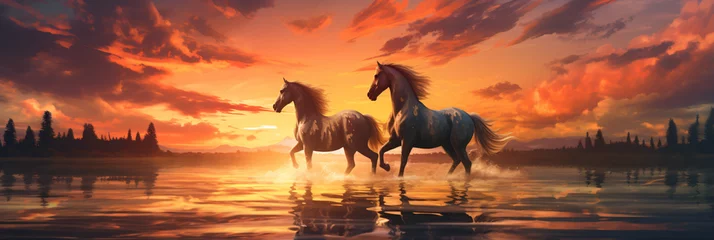 Abwaschbare Fototapete Bordeaux Two beautiful horses running in spectacular landscape