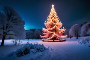 Dazzling Christmas lights wrapped around a massive tree in a snowy park