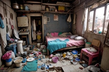 Room in a slum with a dirty bed with a pillow and a blanket, pots, broken bottles, pile of garbage, dirt, plastic and food waste. Drug addiction and alcoholism concept. Generative AI