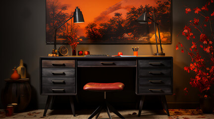 a vintage mid-century desk with black photography backdrop behind in a white space, on the ground is red australian dirt the lighting is  studio