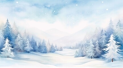 Watercolor snow-covered landscape in the daytime, mountain landscape with a pine forest and snow for winter background.