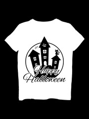  'Happy Halloween' t-shirt graphic that captures the essence of a haunted house adventure.