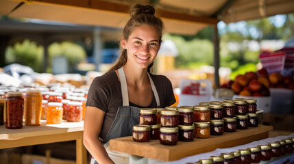 Woman selling jars of jam at a farmers market - obrazy, fototapety, plakaty