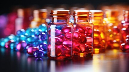 Unlabeled medicine bottles and capsules, colorful pills in pharmaceutical jars. Concept of medication, medicament, medicine, pharmaceutical drug, medical treatment, pharmacology.