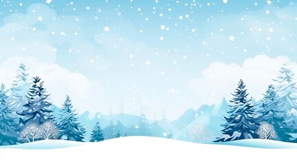 Watercolor snow-covered landscape in the daytime, mountain landscape with a pine forest and snow for winter background.