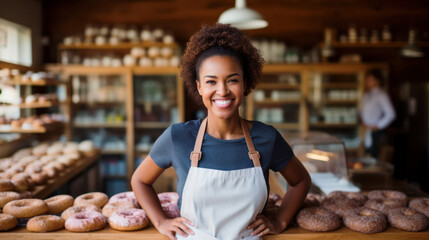 Happy smiling woman working at a donut and bagel store, small business owner - Powered by Adobe