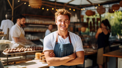 Man wearing apron standing in front of outdoor restaurant, catering, party function