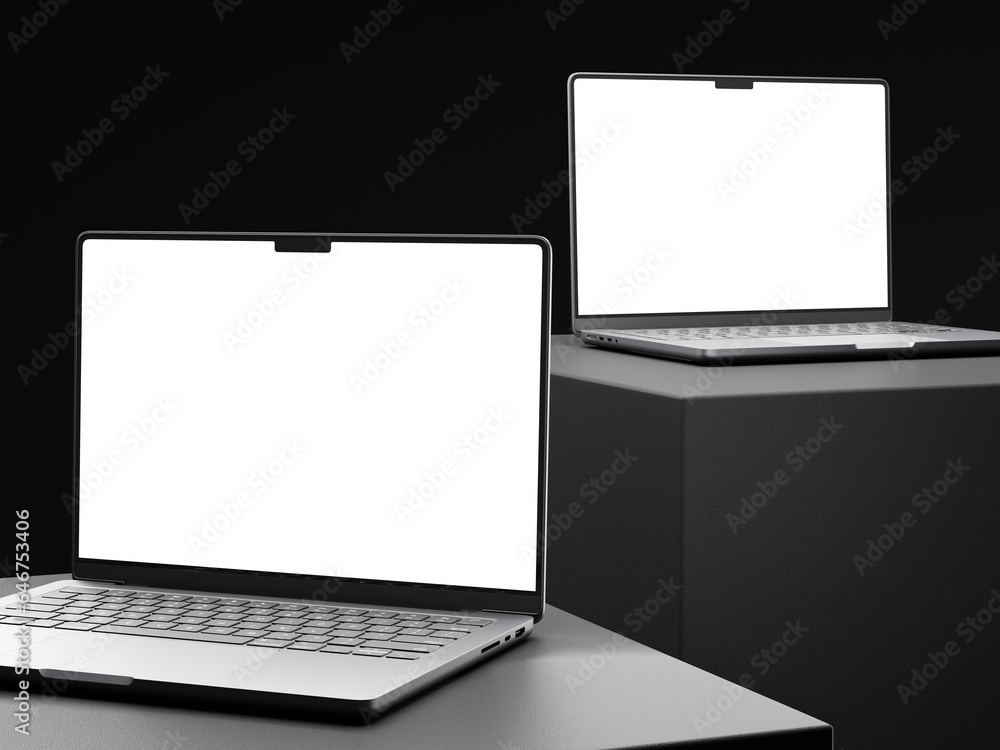 Fototapete Close up of two empty white laptop display on podium. Tech presentation and device concept. two Mock up, 3D Rendering.