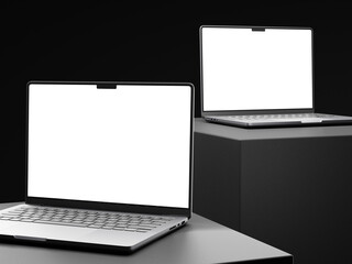 Close up of two empty white laptop display on podium. Tech presentation and device concept. two Mock up, 3D Rendering.